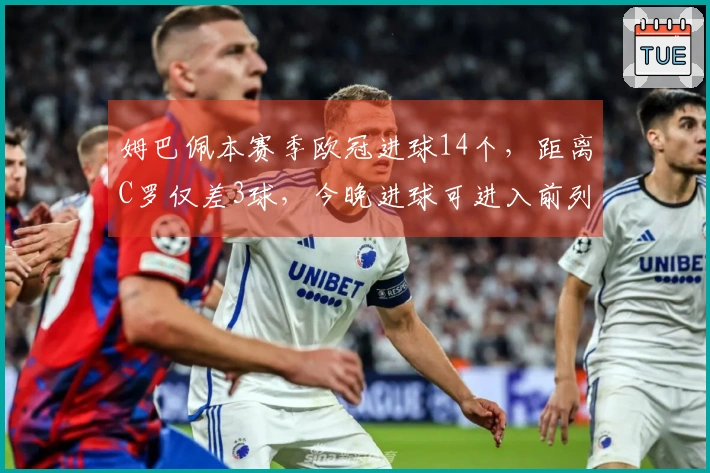 姆巴佩本赛季欧冠进球14个，距离C罗仅差3球，今晚进球可进入前列！